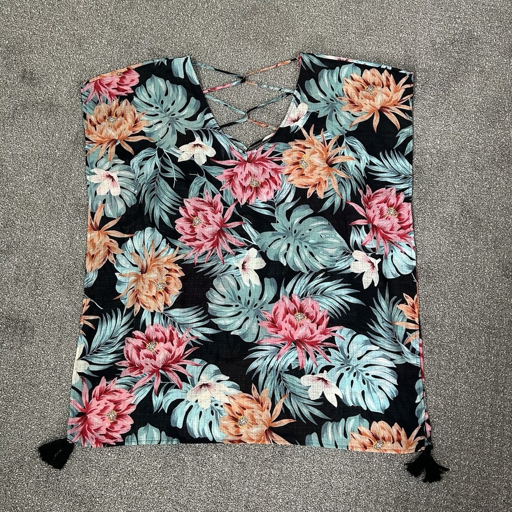 Kona Sol Women's Floral Criss Cross Lattice‎ Back Swim Cover Stretch Size SMALL - Picture 8 of 9